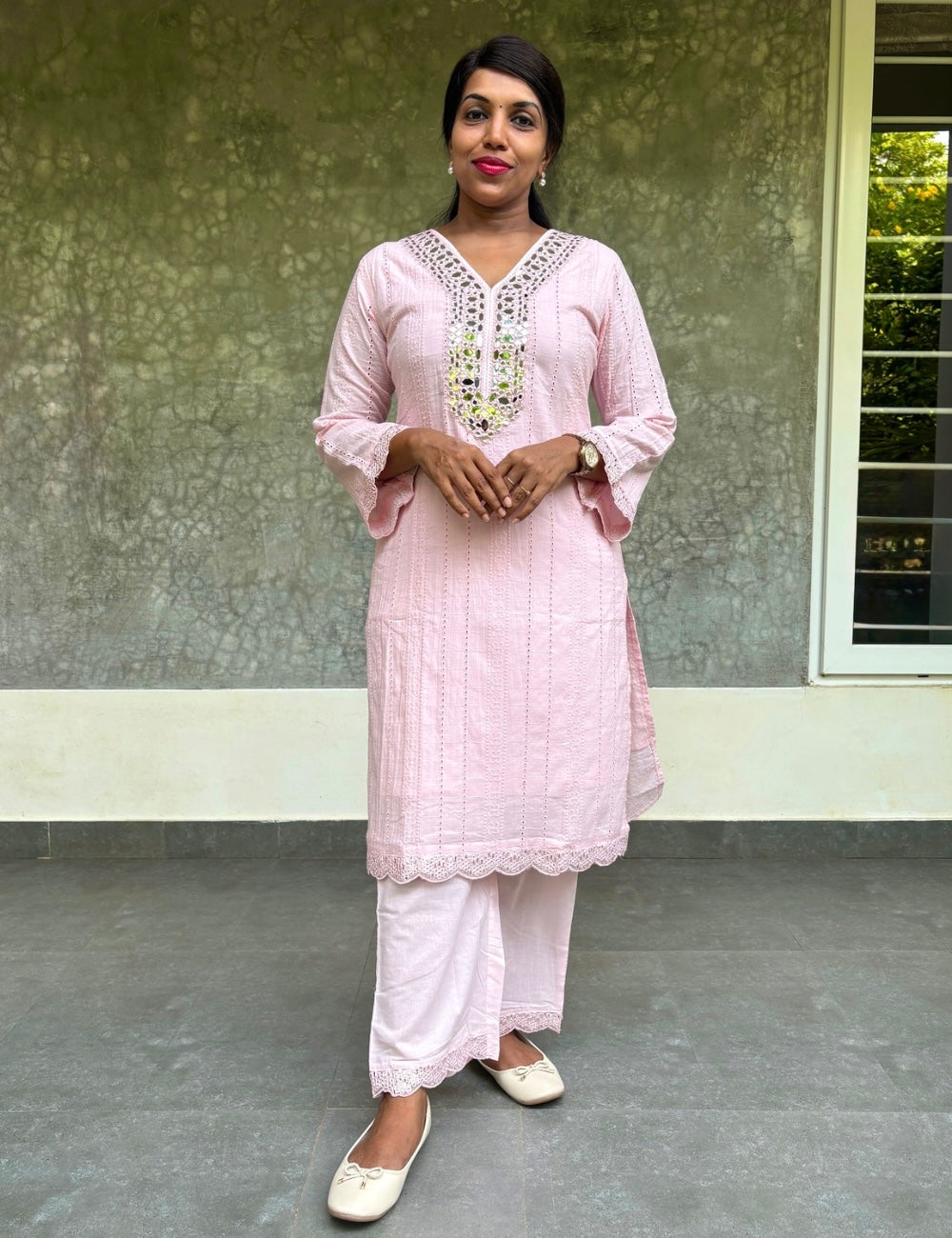 Chikankari Cotton Straight Cut Kurta Set with Mirror Work - Baby Pink