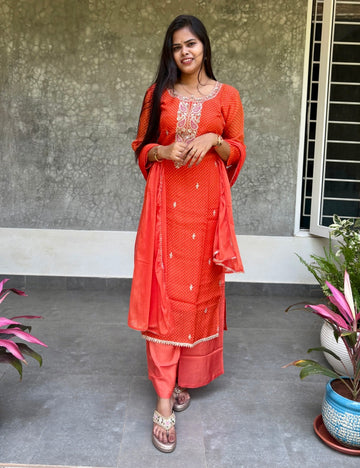 Bandhini Printed Organza Designer Kurta Set with Pretty Embellishments - Orange