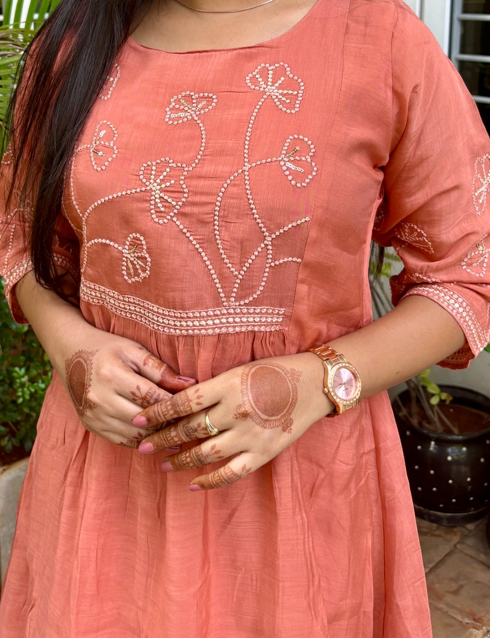 Malay Silk Floral Embroidered Midi Dress - Dark Peach