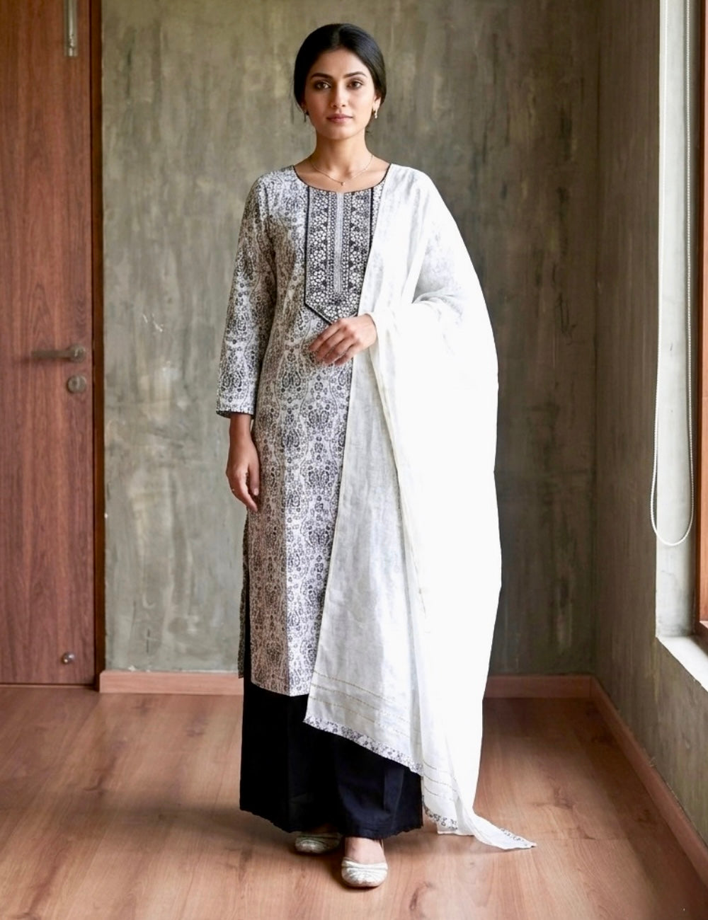 Casual Wear Printed Cotton Unstitched Salwar - White