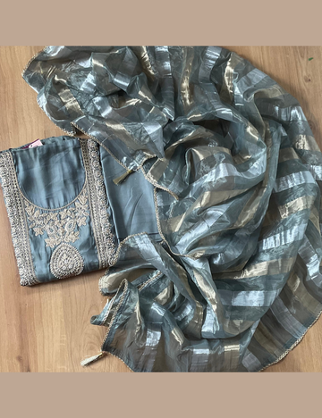 Muslin Silk Pearl Worked Designer Unstitched Salwar - Grey