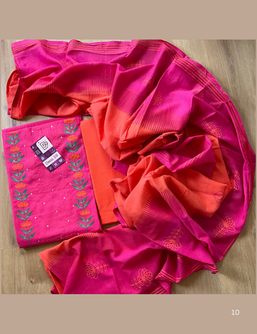 Floral Embroidered Cotton Designer Unstitched Salwar - Rani Pink