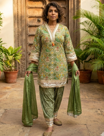 Patola Printed Designer Kurta Set with Patiala Pants - Green