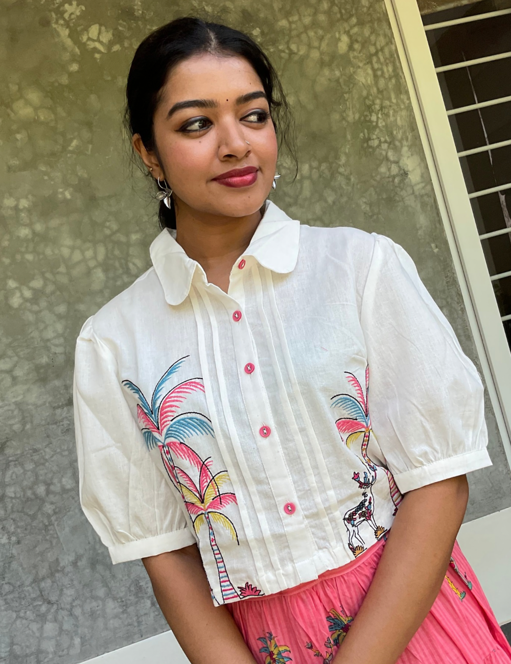 Floral Printed Mul Mul Cotton Skirt with Embroidered Crop Top - Off White