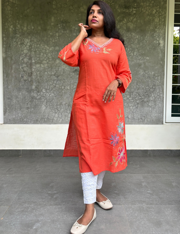 Floral Embroidered Cotton Kurta - Orange