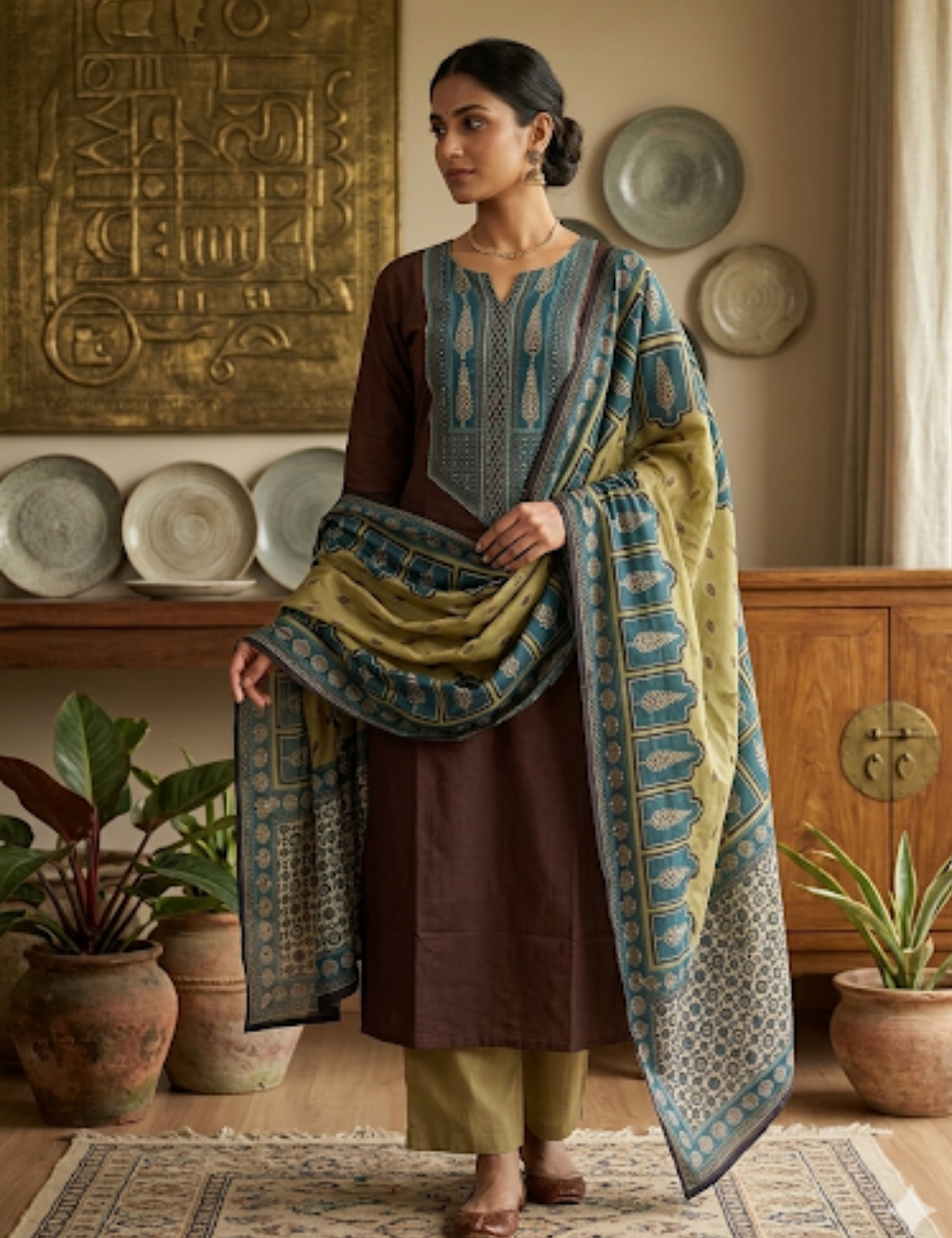Ajrakh Patch Work Cotton Unstitched Salwar - Brown