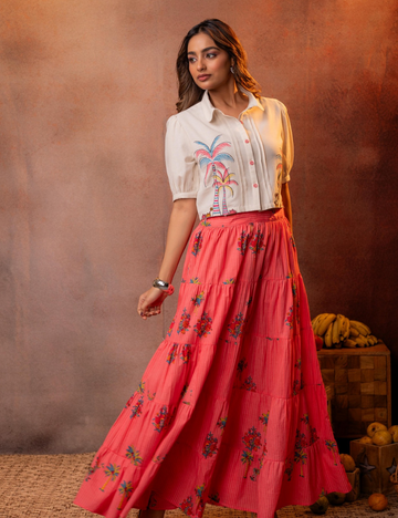 Floral Printed Mul Mul Cotton Skirt with Embroidered Crop Top - Off White