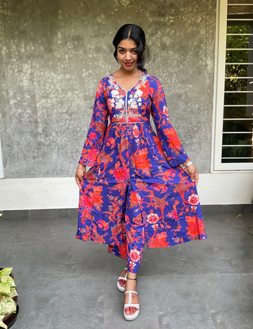 Mul Mul Cotton Floral Printed Kurta Set - Ink Blue