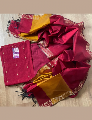 Silk Cotton Traditional Unstitched Salwar with Gold Butties - Maroon