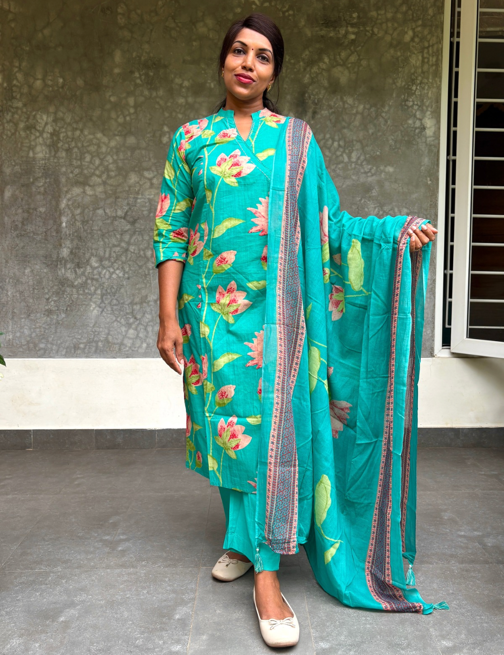 Floral Printed Cotton Angrakha Pattern Kurta Set - Turquoise Blue