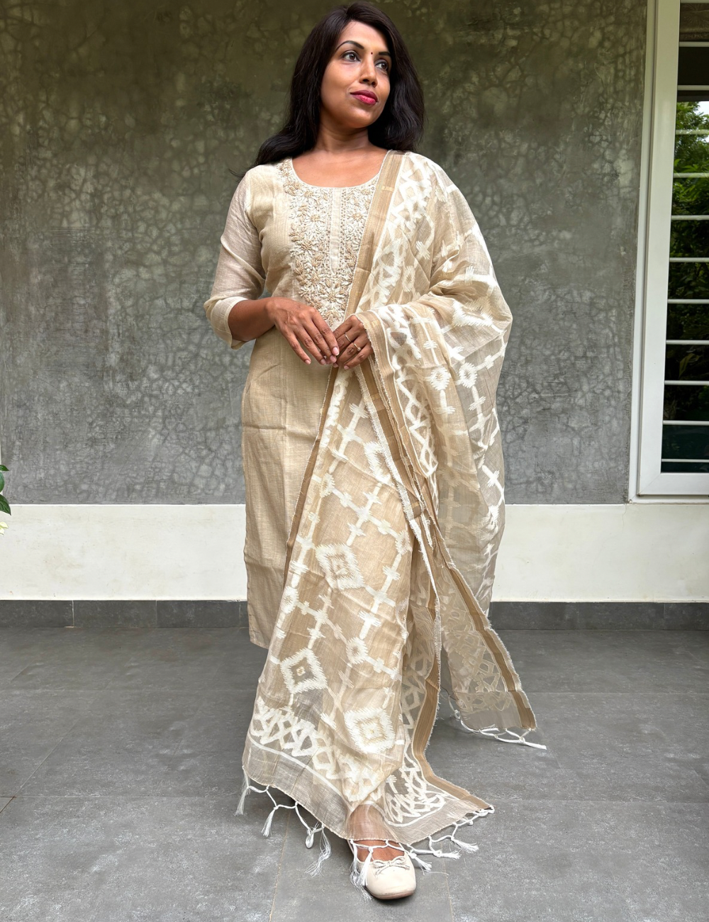 Khadhi Cotton Designer Kurta Set with Jamdhani Dupatta- Beige