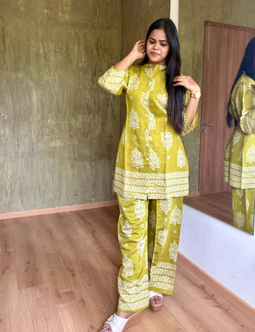 Ethnic Printed Soft Cotton Silk Co-Ord Set - Light Green