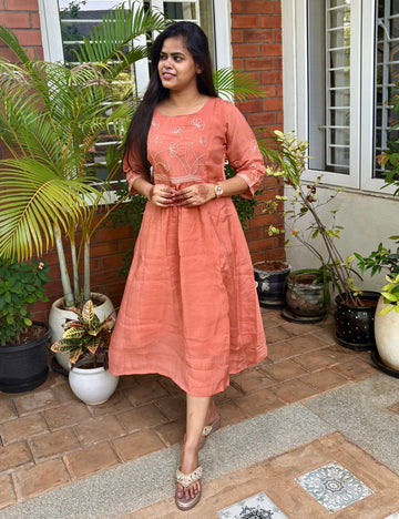 Malay Silk Floral Embroidered Midi Dress - Dark Peach