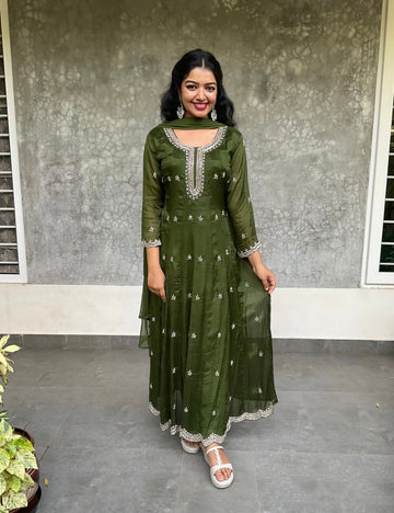 Chinon Silk Designer Embellished Anarkali Kurta Set – Dark Green