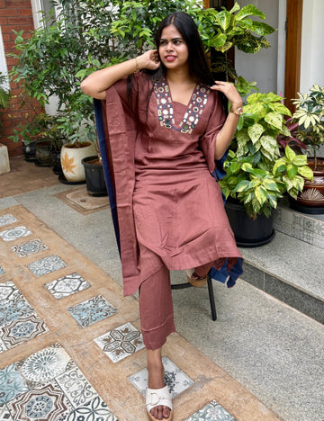 Rayon Cotton Mirror Worked Kaftan Kurta Set - Brown