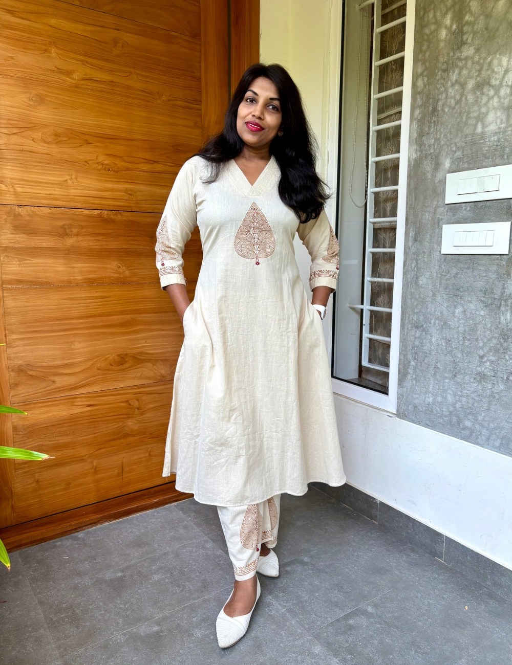 Soft Cotton Aline Co-Ord Set with Leafy Print - Cream