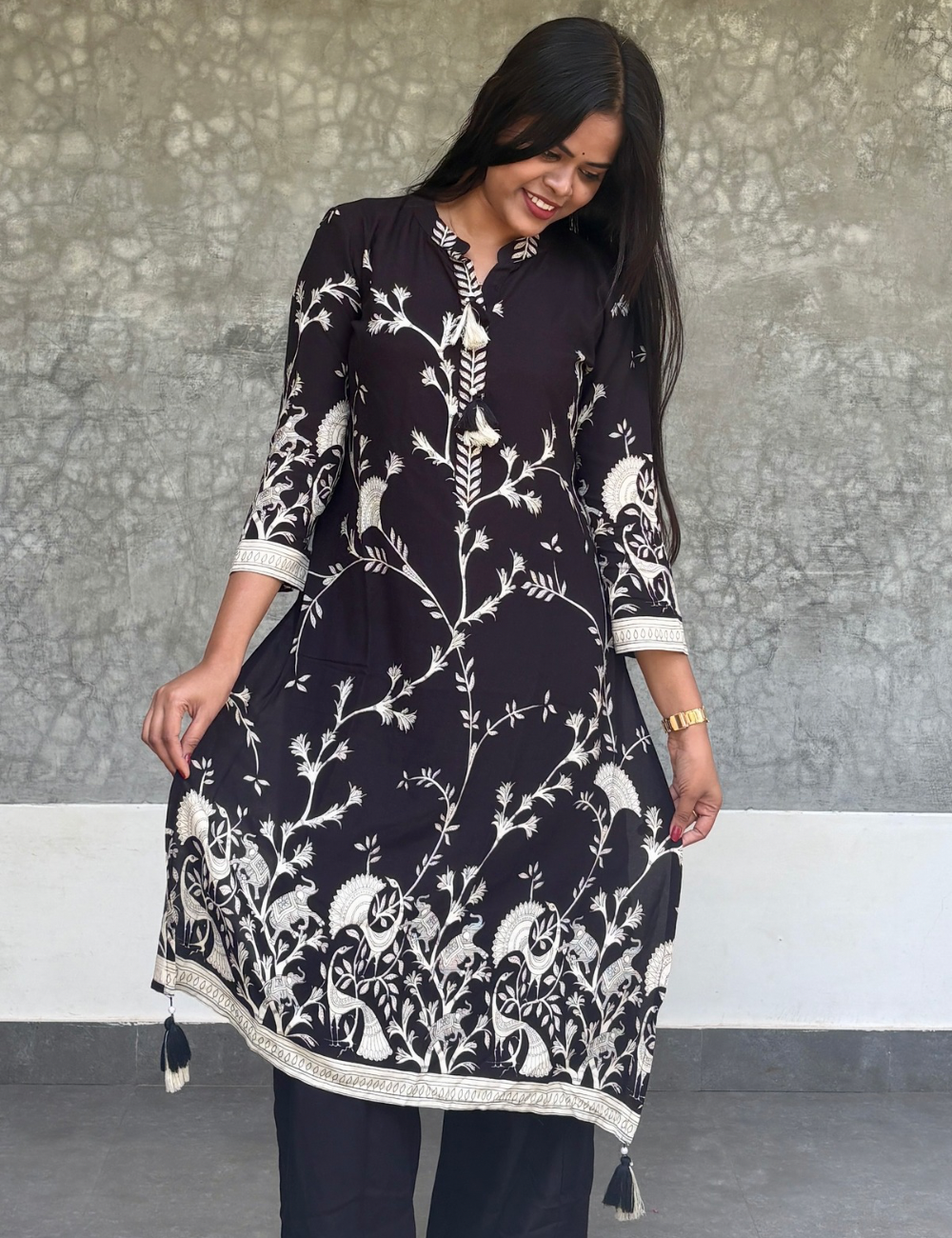 Floral Printed Rayon Cotton Kurta Set - Black