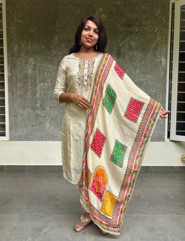 Soft Brocade Silk Designer Kurta Set - Beige