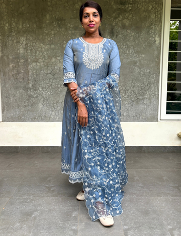 Shimmer Silk Designer Embellished Kurta Set with Organza Dupatta - Denim Blue