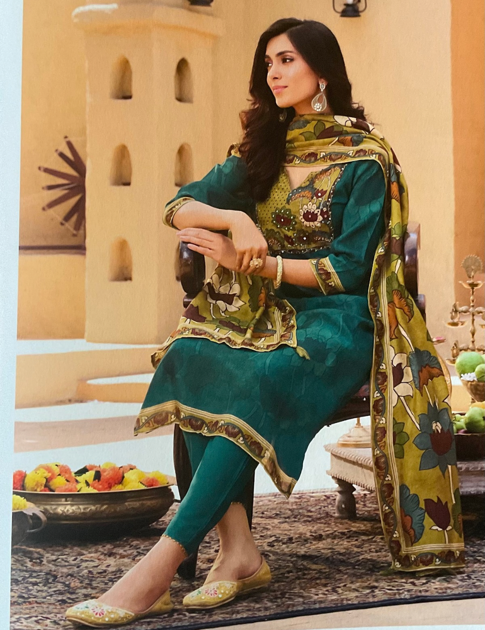 Muslin Silk Designer Unstitched Salwar with Kalamkari PatchWork - Teal Blue