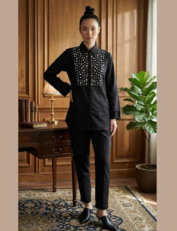 Foil Mirror Worked Rayon Cotton Coord Set - Black
