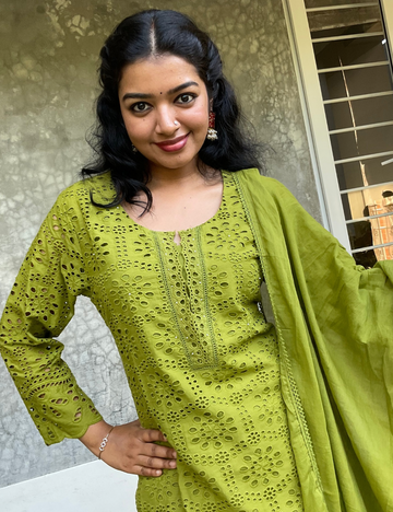 Hakoba Cotton Straight Cut Designer Kurta Set - Olive Green