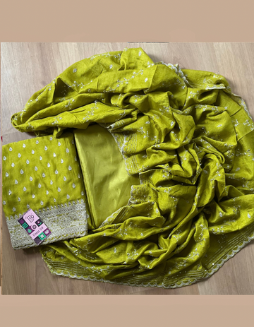 Dola Silk Ethnic Worked Designer Unstitched Salwar - Leaf Green