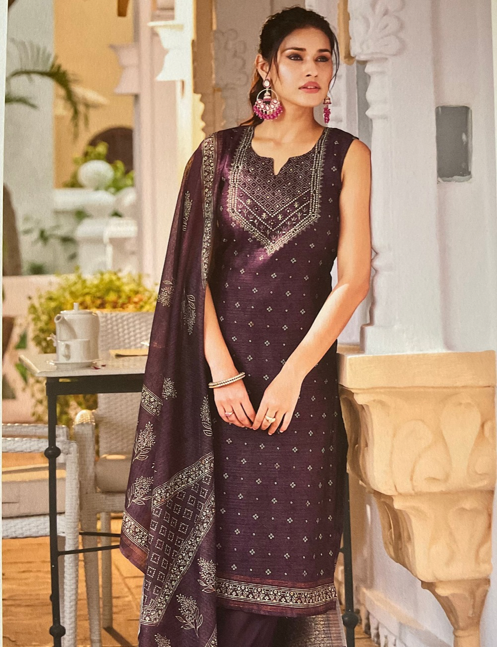 Jute Silk Designer Unstitched Salwar with Ethnic Prints - Dark Purple