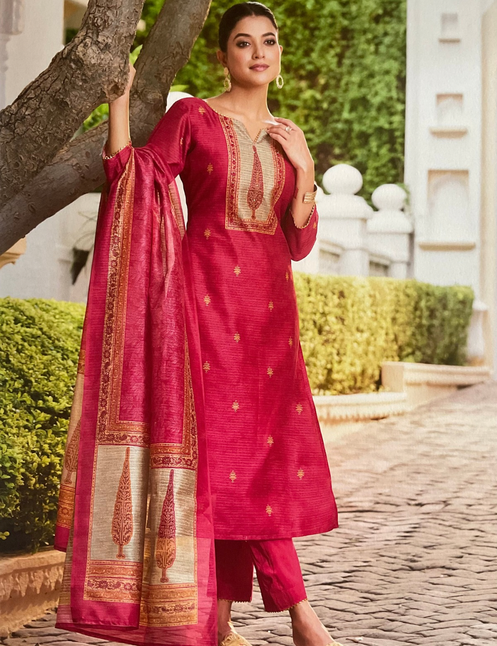 Semi Tussar Silk Designer Unstitched Salwar - Dark Pink