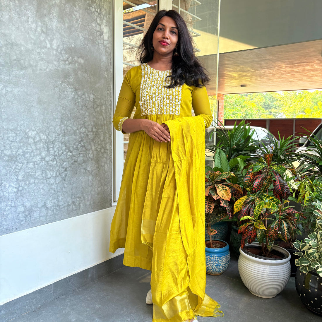 Chanderi silk designer kurta set with - Lime Green
