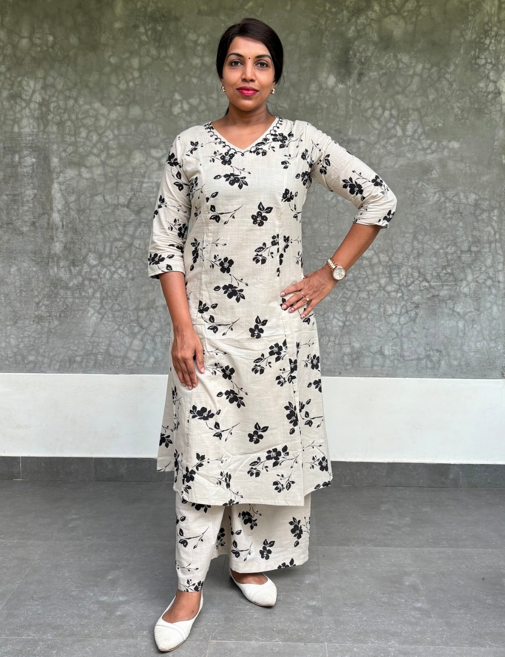 Soft Cotton Aline Co-ord Set with Floral Print  - Beige