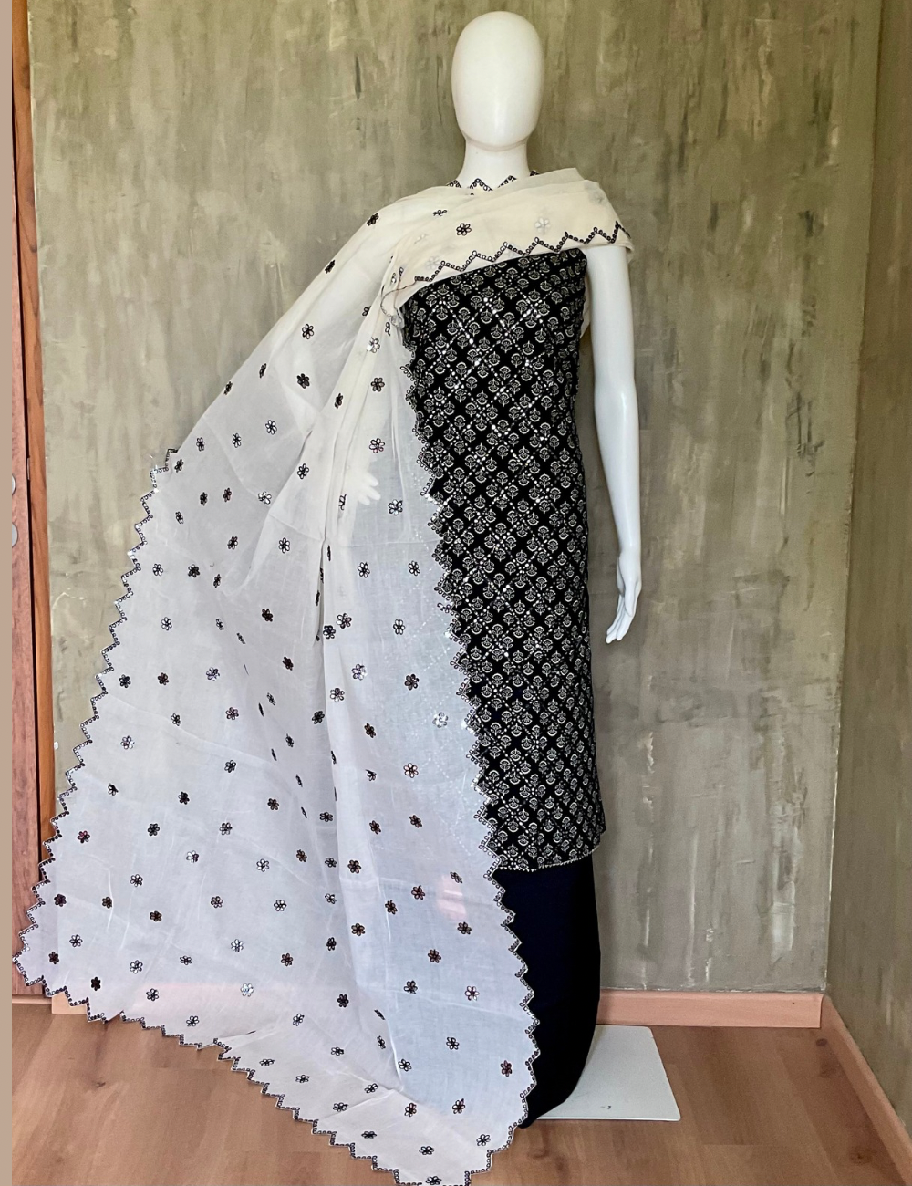 Cotton Foil Mirror Worked Designer Unstitched Salwar - Black