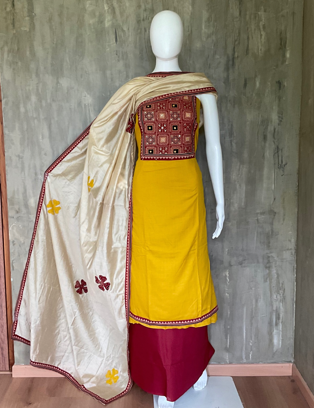 Soft Cotton Ajrakh Patchwork Unstitched Salwar - Yellow
