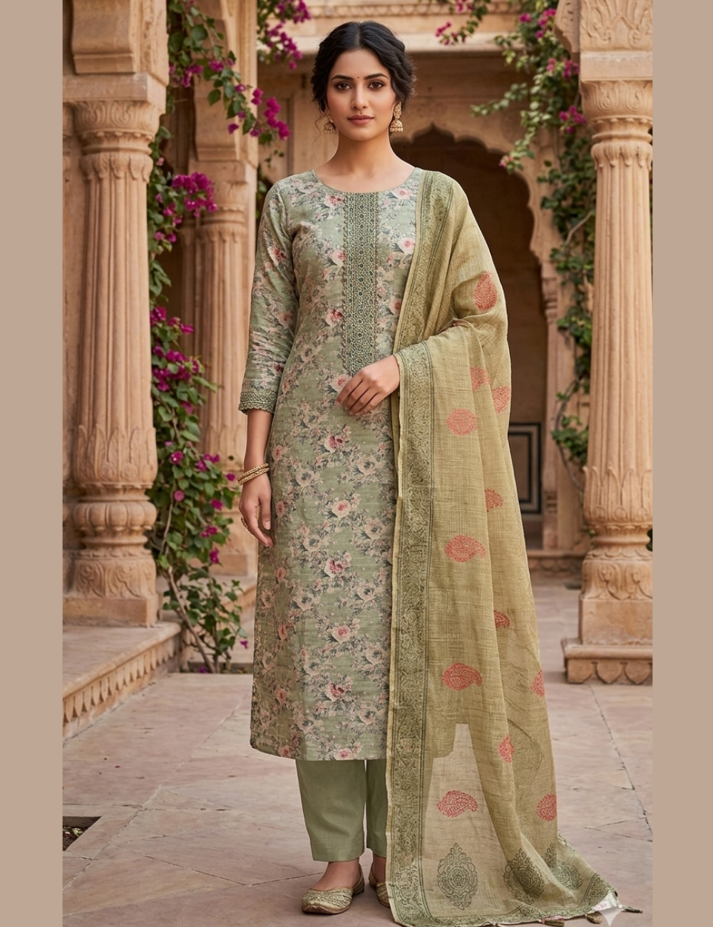 Floral Printed Soft Cotton Silk Unstitched Salwar - Pista Green