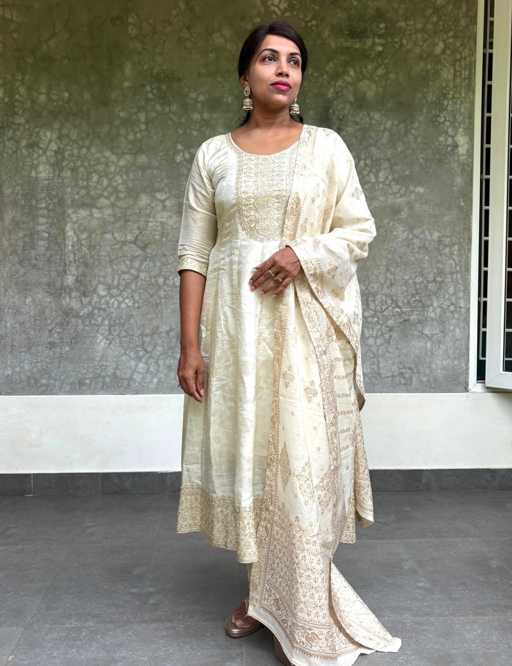 Traditional Embossed Brocade Anarkali Kurta Set - Off White