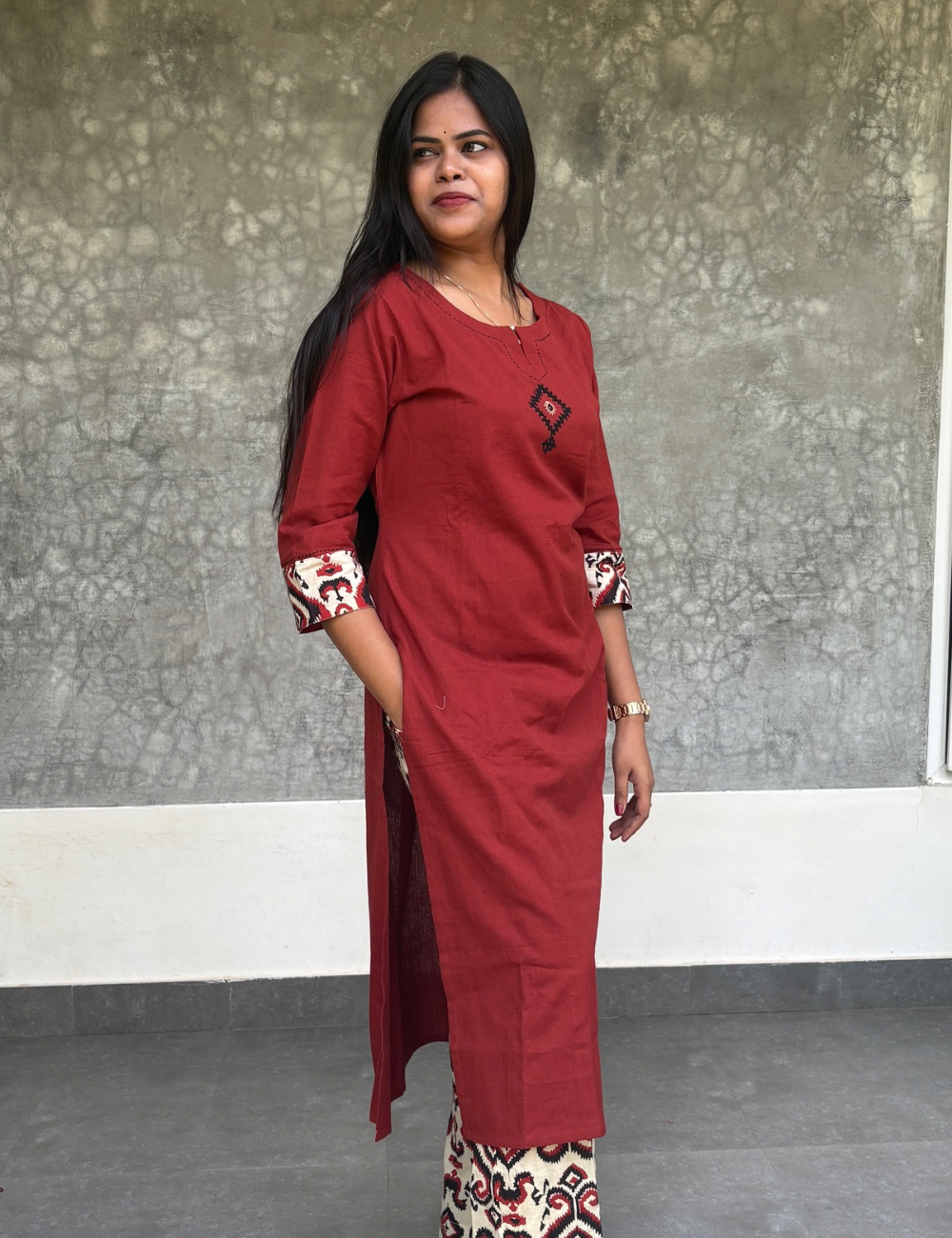 Budget Friendly Cotton Casual Wear Kurta set with Ikat Bottom - Rust Brown