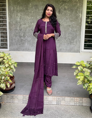Chinon Silk Designer Kurta Set with Mirror Work and Bead Work - Wine Purple