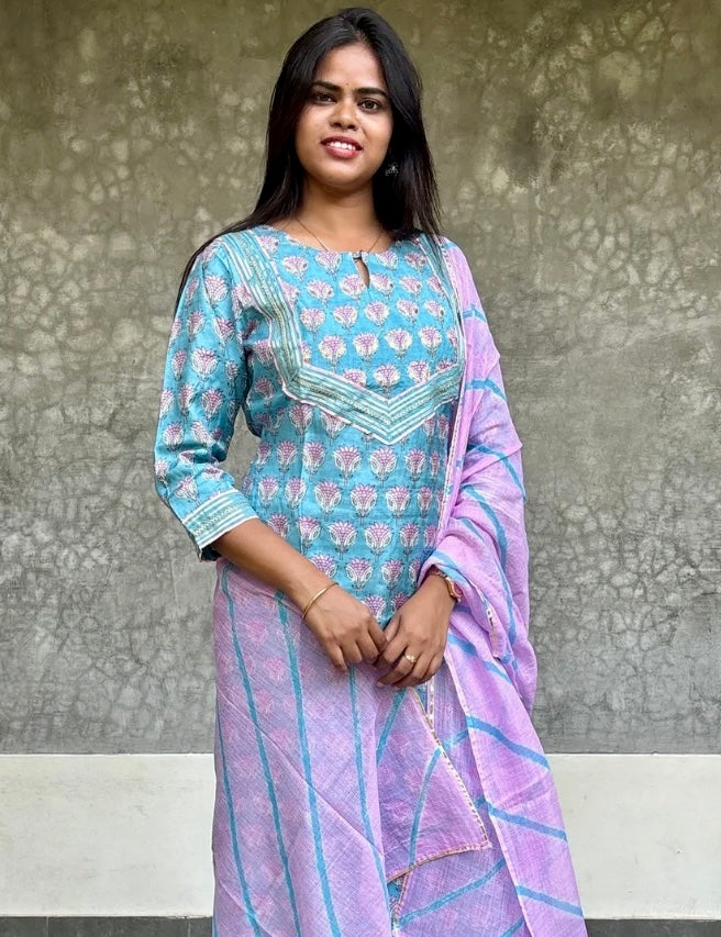 Gota Worked Muslin Silk Designer Kurta Set with Kota Dupatta - Blue