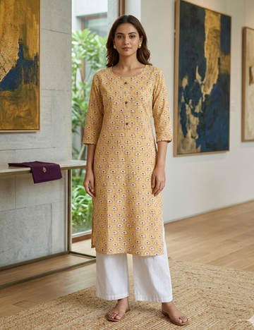 Printed Muslin Silk Straight Cut Kurta - Yellow