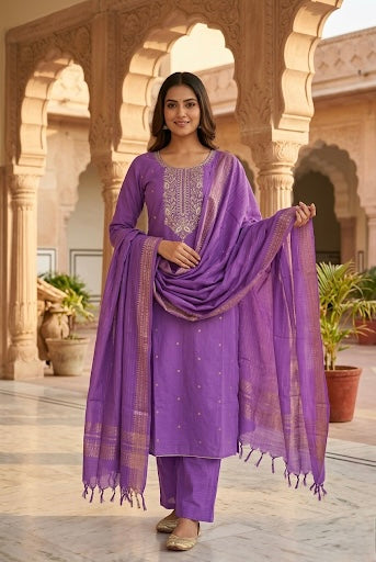 Cotton Traditional Ethnic Unstitched Salwar with Gold Zari Dupatta - Purple