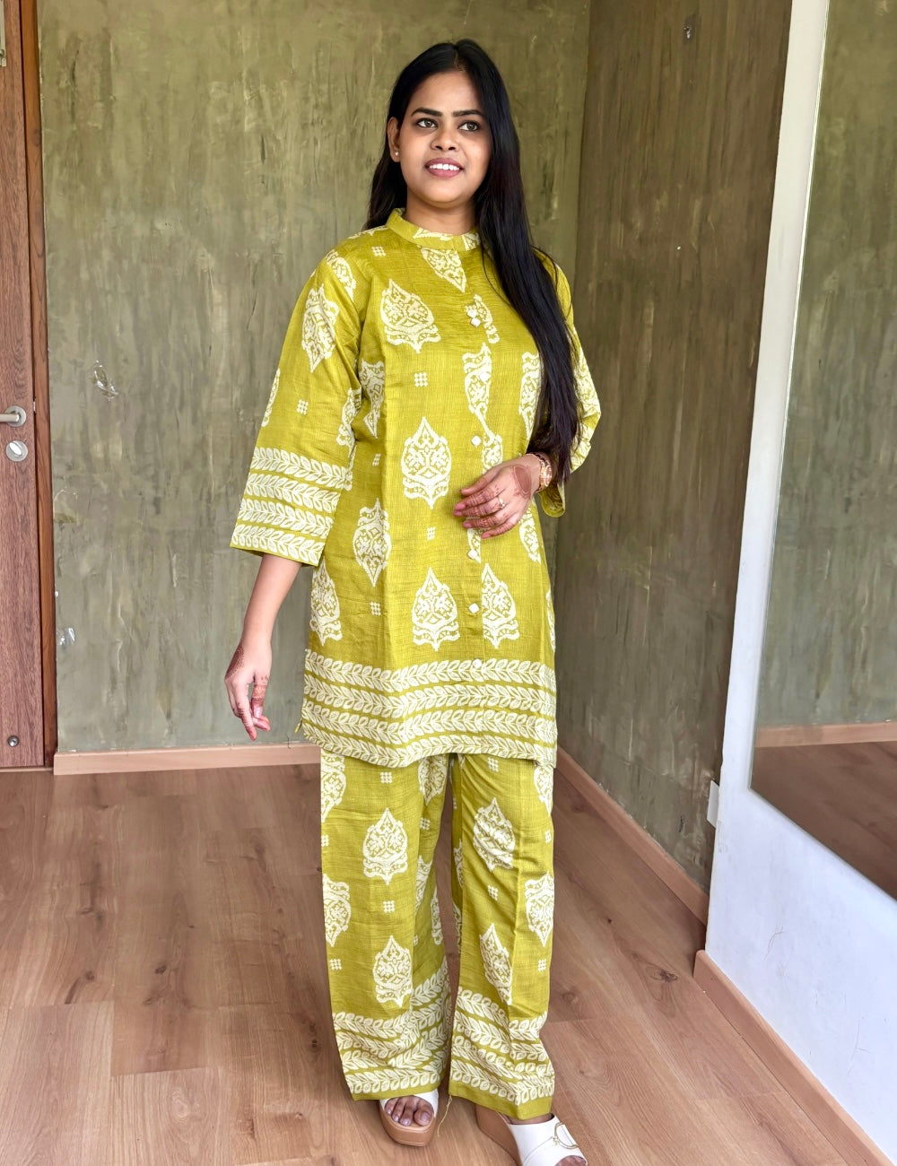 Ethnic Printed Soft Cotton Silk Co-Ord Set - Light Green