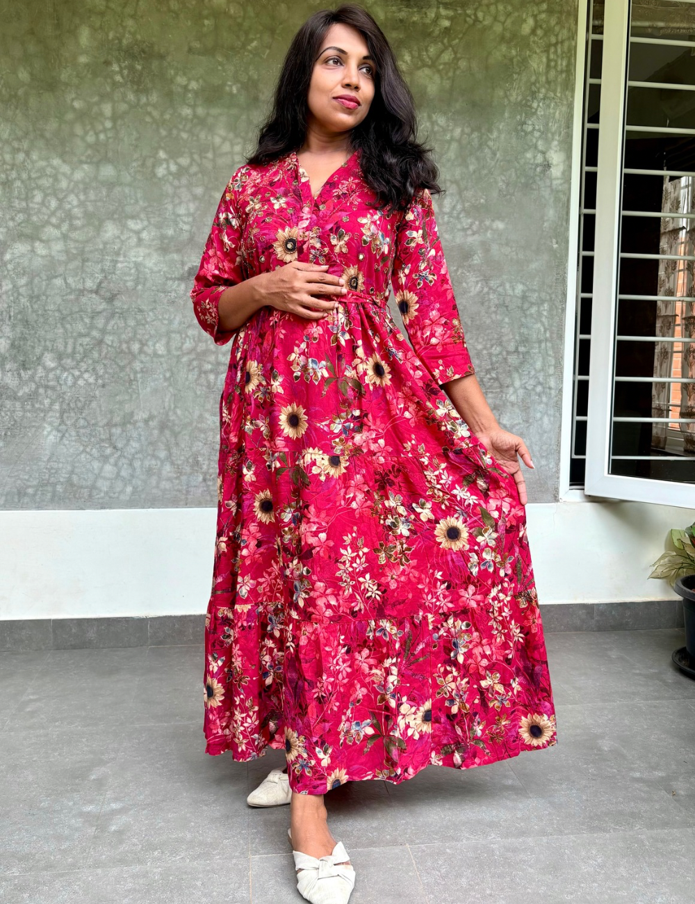 Rayon Floral Printed Designer Maxi Dress - Reddish Pink