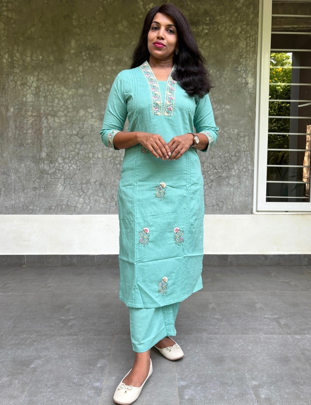 Cotton Embroidered Straight Cut Kurta Set - Cyan Blue