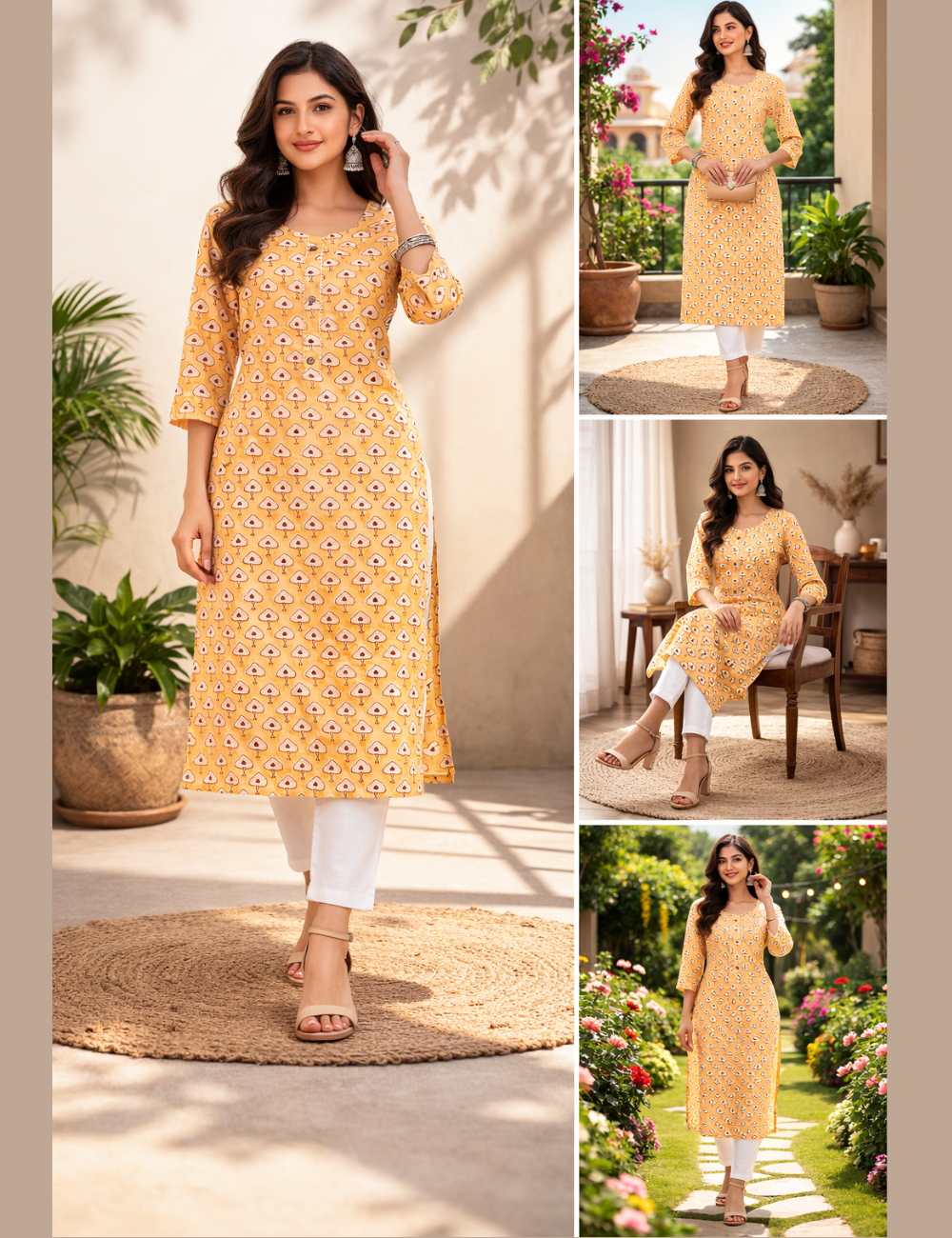 Printed Muslin Silk Straight Cut Kurta - Yellow