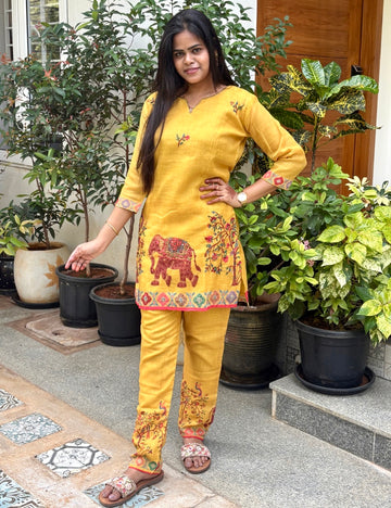 Elephant Ethnic Printed Linen Cotton Coord Set with French Knot Work - Mustard