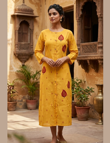 Jamdhani Cotton Aline Kurta - Mustard Yellow