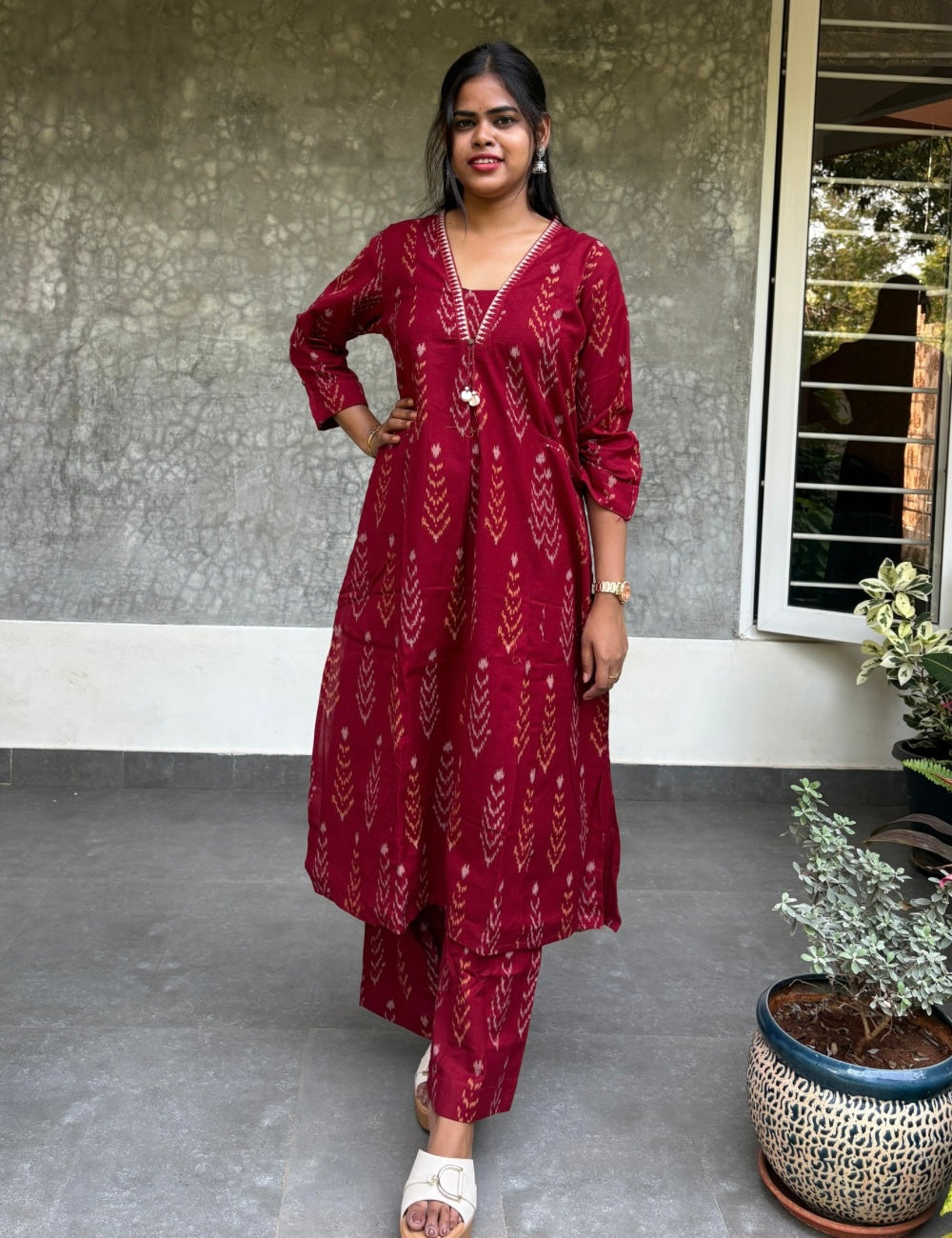 Ikat Cotton Aline Kurta Set - Maroon Red
