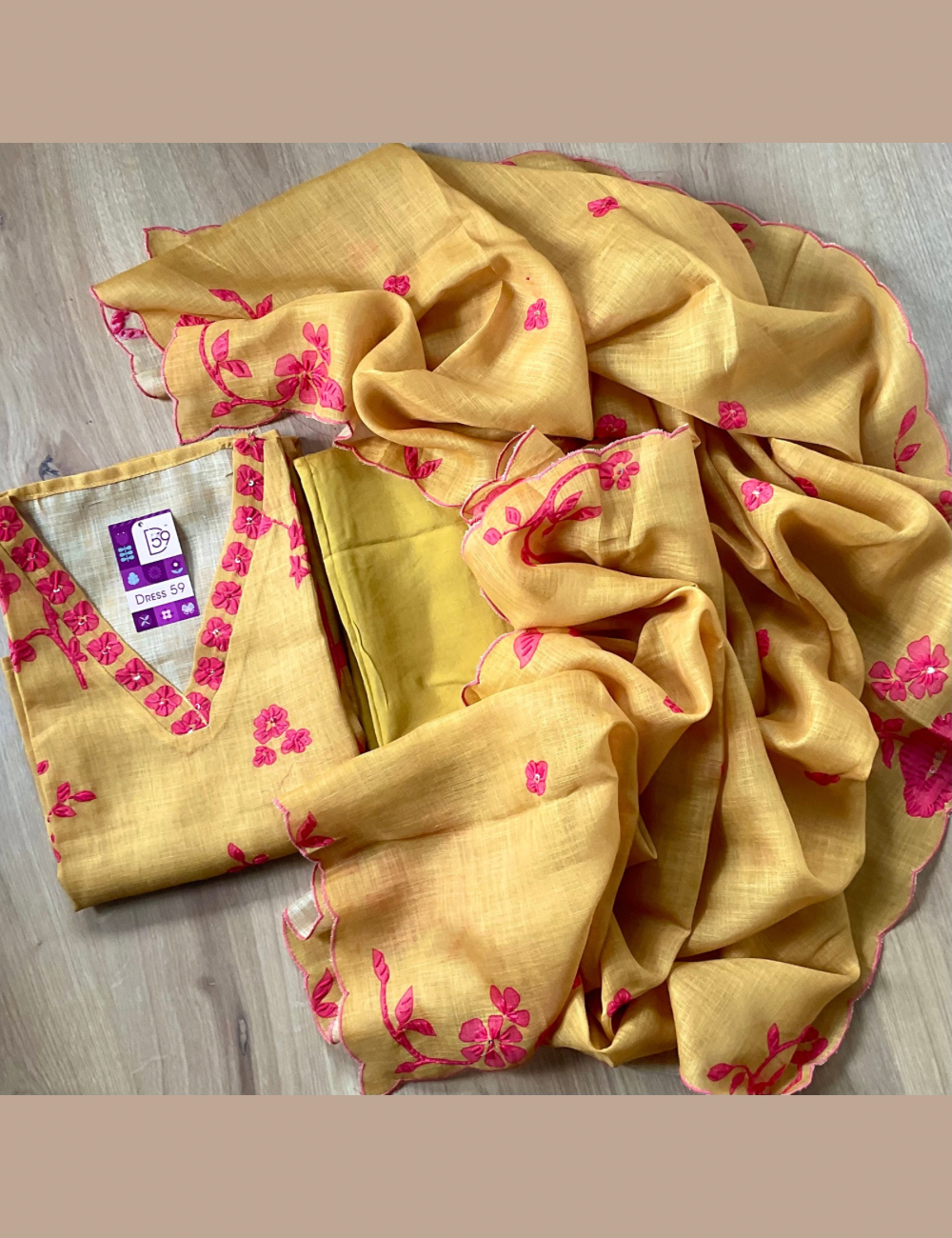 Linen Cotton French Knotted Unstitched Salwar - Mustard