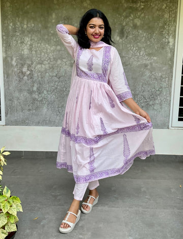 Floral Printed Mul Cotton Anarkali Kurta Set - Lavender