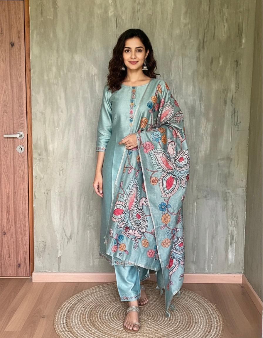 Tissue Silk Kalamkari Patchwork Designer Unstitched Salwar - Turquoise Blue